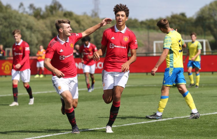 Ethan Wheatley of Manchester United celebrates scoring their third goal during the U18 Premier League match between Manchester United U18s and Nott...