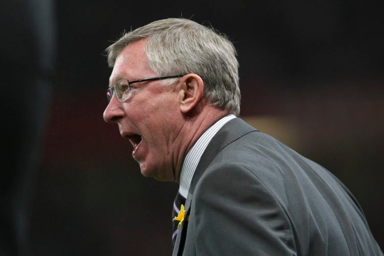 Sir Alex Ferguson of Manchester United shouts instructions from the touchline during the Barclays Premier League match between Manchester United an...