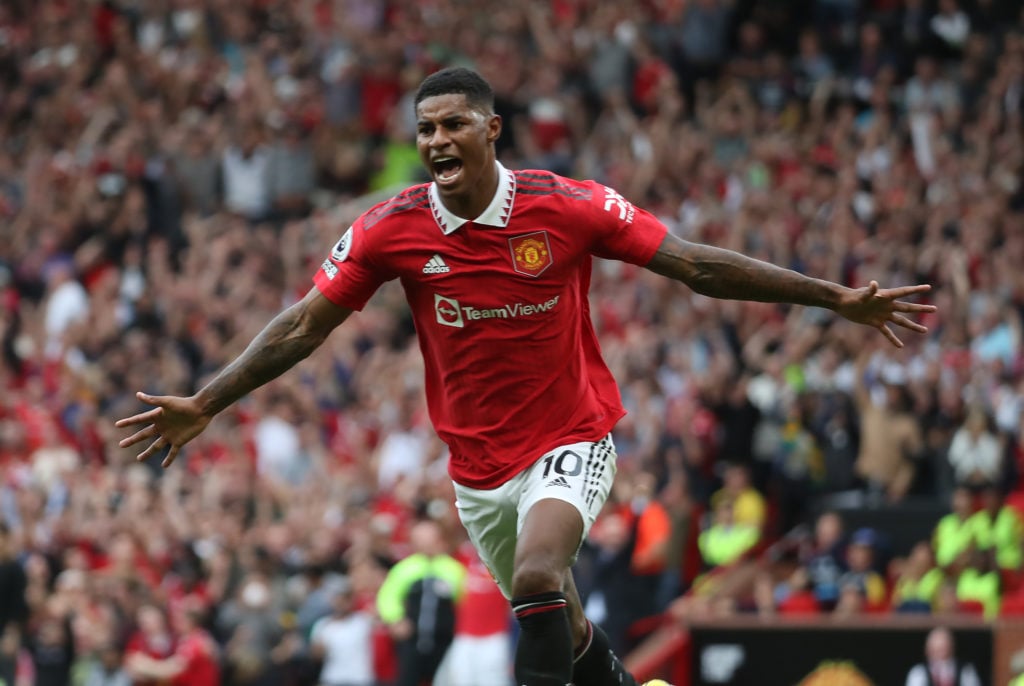 Marcus Rashford of Manchester United celebrates scoring their second goal during the Premier League match between Manchester United and Arsenal FC ...