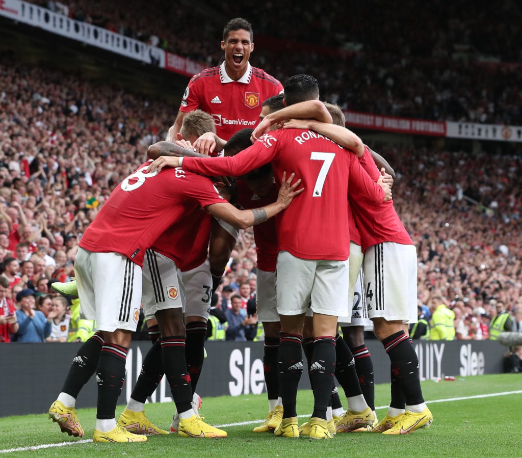 Marcus Rashford of Manchester United celebrates scoring their second goal during the Premier League match between Manchester United and Arsenal FC ...