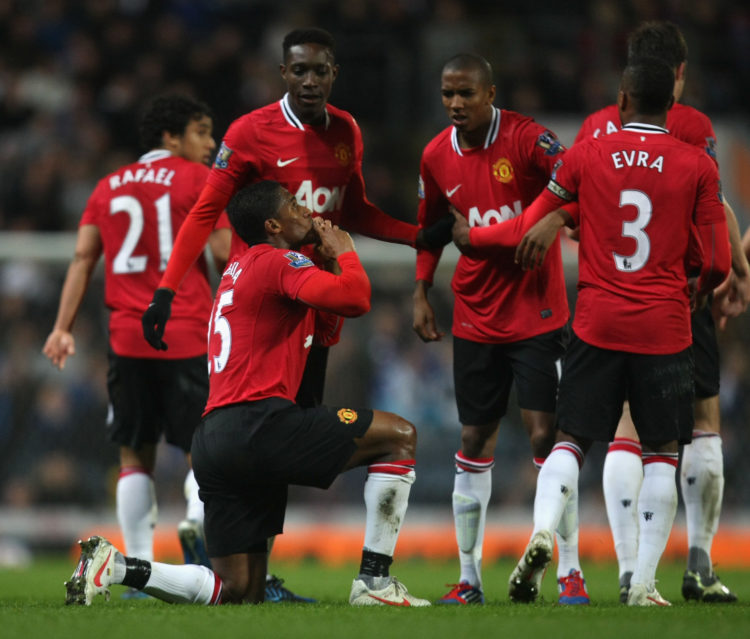 Antonio Valencia of Manchester United celebrates scoring their first goal during the Barclays Premier League match between Blackburn Rovers and Man...