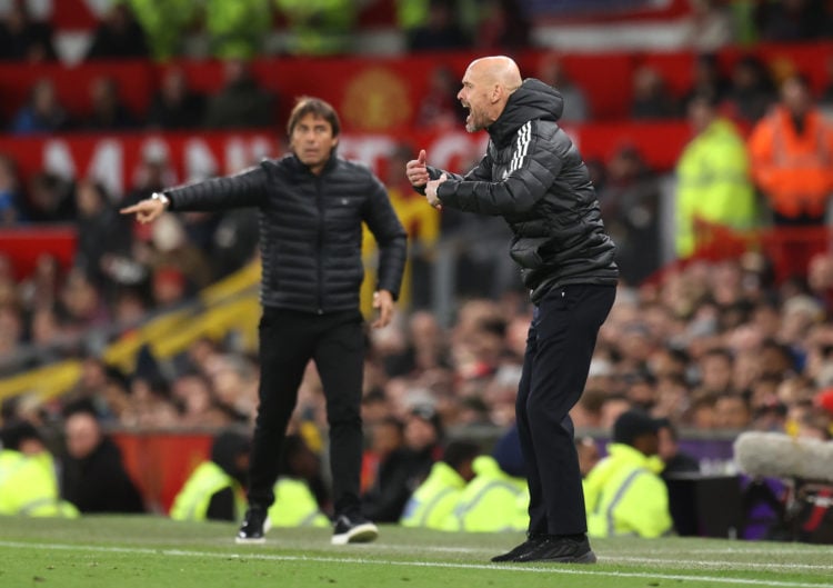 Erik ten Hag of Manchester United and Antony Conte of Tottenham react on the touchline during the Premier League match between Manchester United an...