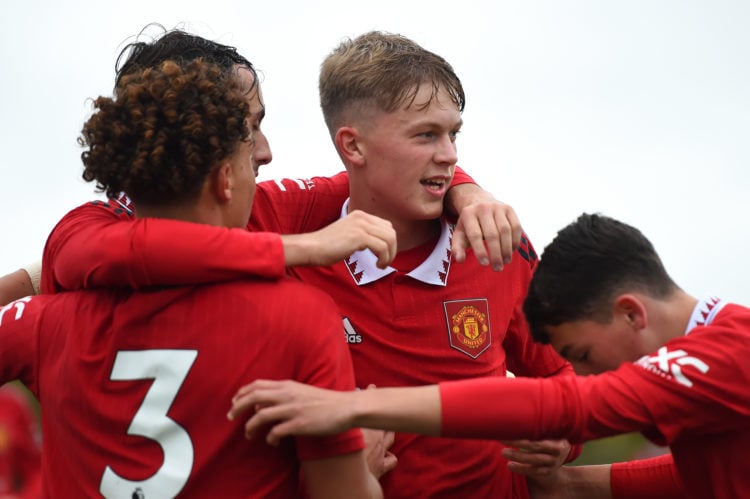 Adam Berry of Manchester United U18s celebrates scoring their second goal during the U18 Premier League match between Newcastle United U18s and Man...