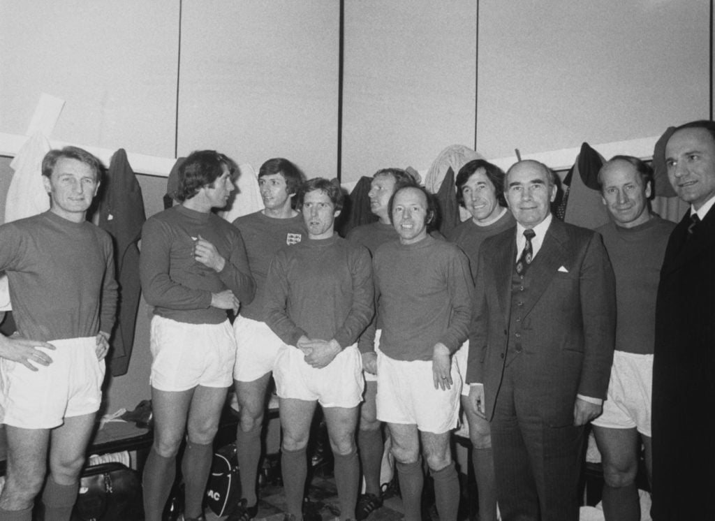 British footballer George Eastham, British footballer Geoff Hurst, British footballer Martin Peters (1943-2019), British footballer Alan Ball (1945...