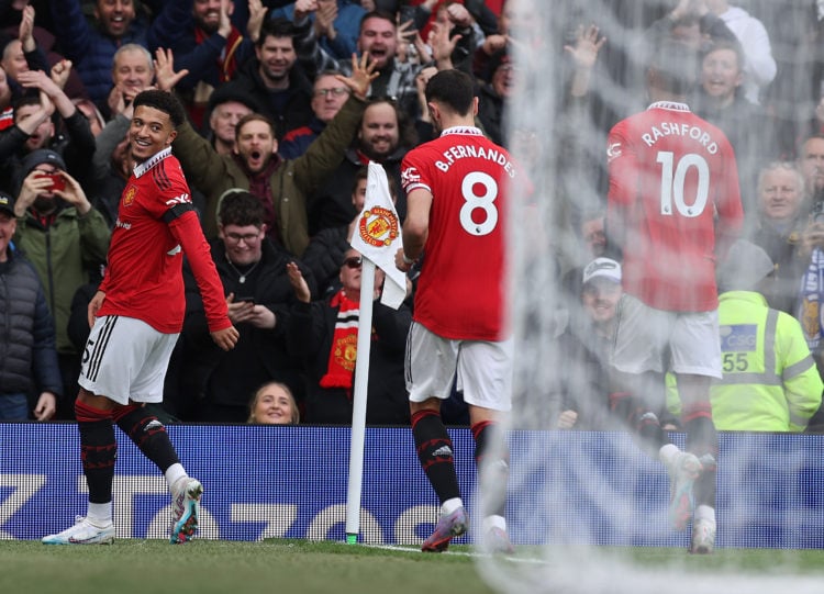 Jadon Sancho of Manchester United celebrates scoring their third goal during the Premier League match between Manchester United and Leicester City ...