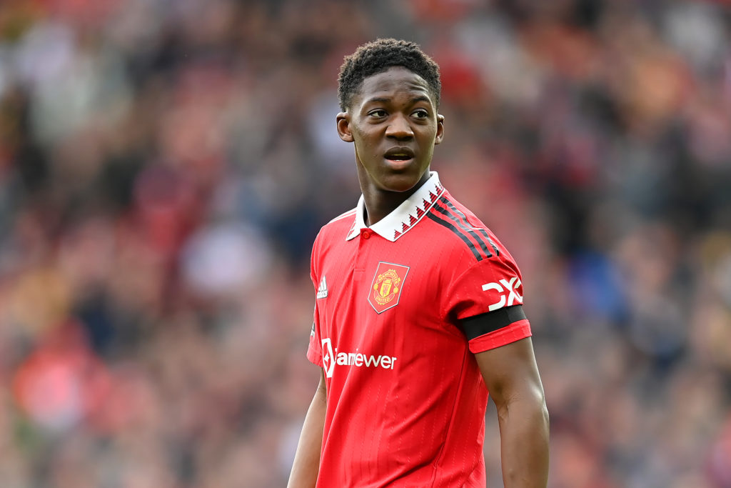 Kobbie Mainoo of Man United looks on during the Premier League match between Manchester United and Leicester City at Old Trafford on February 19, 2...