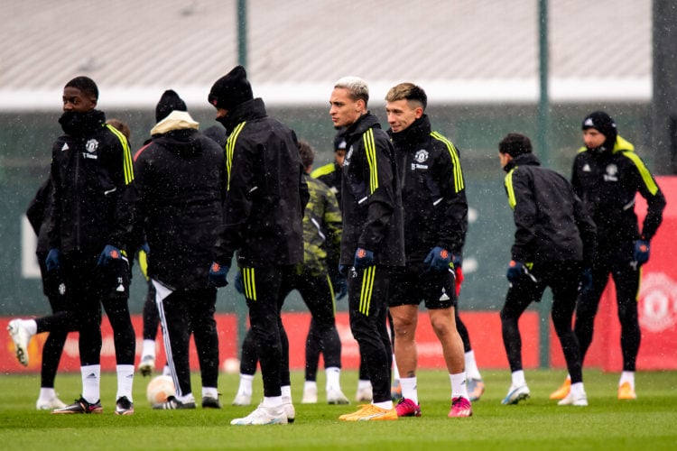 Antony and team mates of Manchester United train during a training session ahead of their UEFA Europa League round of 16 leg one match against Real...