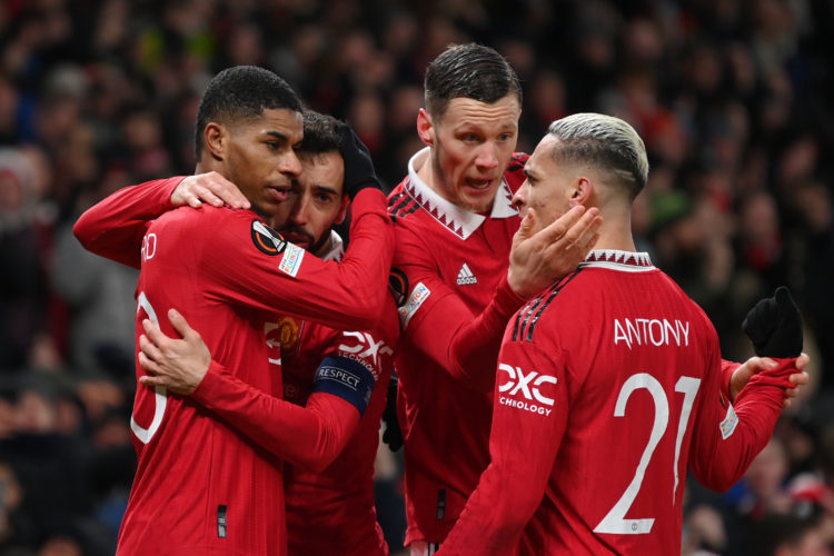 Marcus Rashford of Manchester United celebrates with teammates Bruno Fernandes, Wout Weghorst and Antony after scoring the team's first goal during...