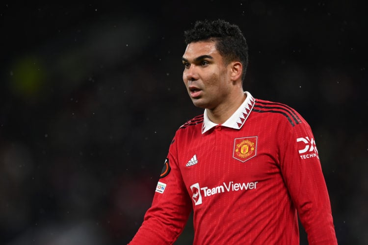 Casemiro of Manchester United looks on during the UEFA Europa League round of 16 leg one match between Manchester United and Real Betis at Old Traf...