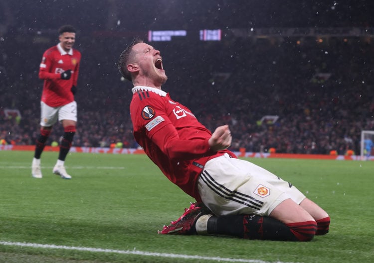 Wout Weghorst of Manchester United celebrates scoring their fourth goal during the UEFA Europa League round of 16 leg one match between Manchester ...