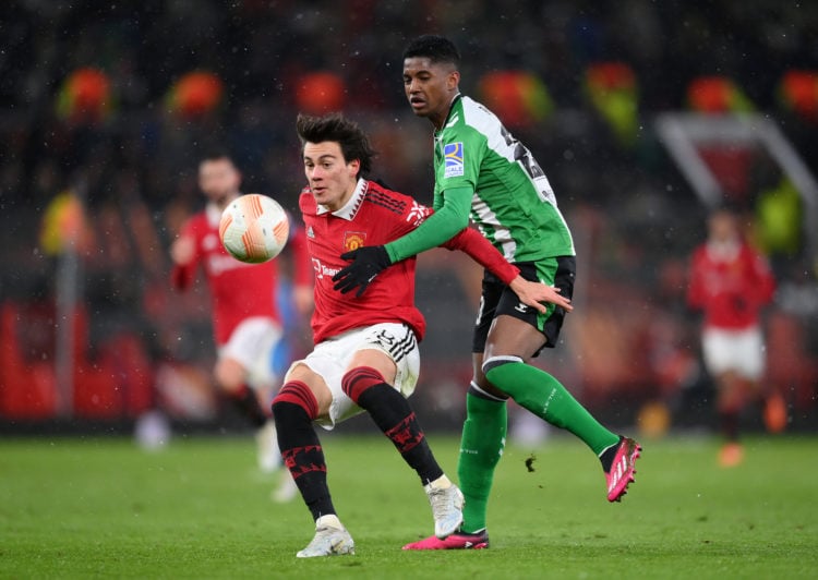 Facundo Pellistri of Manchester United is challenged by Abner of Real Betis during the UEFA Europa League round of 16 leg one match between Manches...