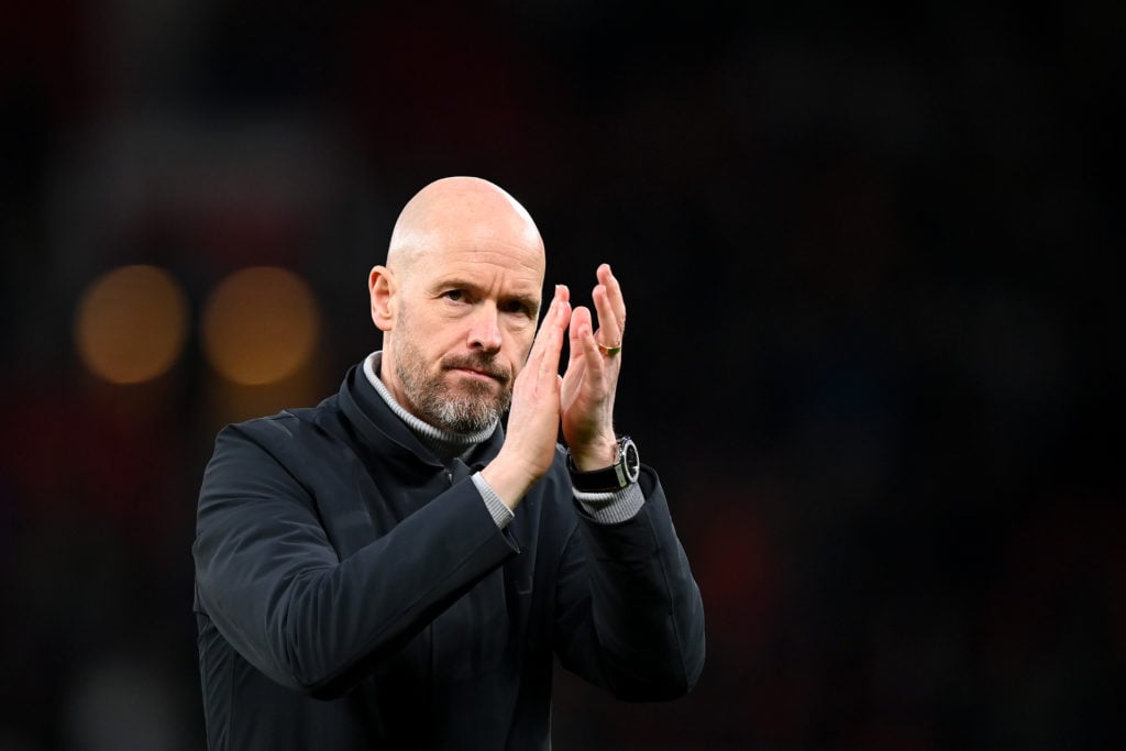 Erik ten Hag, Manager of Manchester United, applauds the fans after their side's victory in the Emirates FA Cup Quarter Final match between Manches...