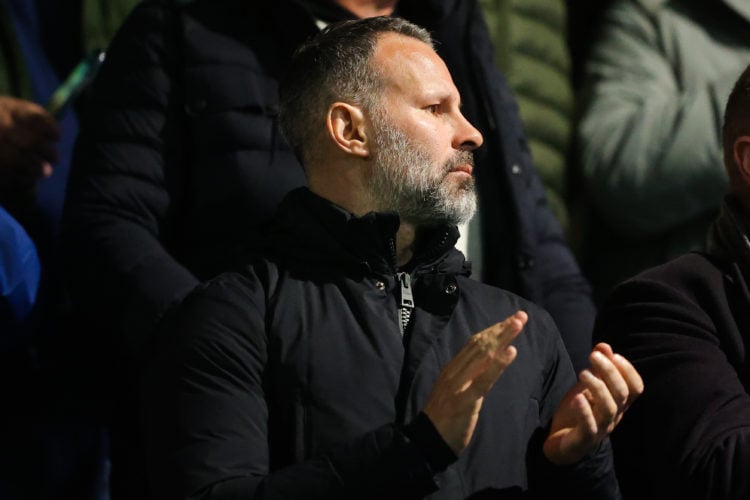 Ryan Giggs watches on from the stands during the Sky Bet League Two between Stockport County and Salford City at Edgeley Park on March 31, 2023 in ...