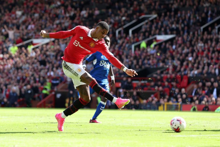 Marcus Rashford of Manchester United shoots during the Premier League match between Manchester United and Everton FC at Old Trafford on April 08, 2...