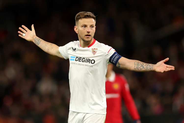 Ivan Rakitic of Sevilla reac during the UEFA Europa League quarterfinal first leg match between Manchester United and Sevilla FC at Old Trafford on...