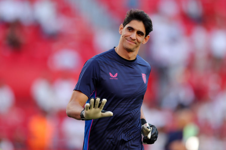 Yassine Bounou of Sevilla FC acknowledges the fans as they warm up prior to the UEFA Europa League Quarterfinal Second Leg match between Sevilla FC...