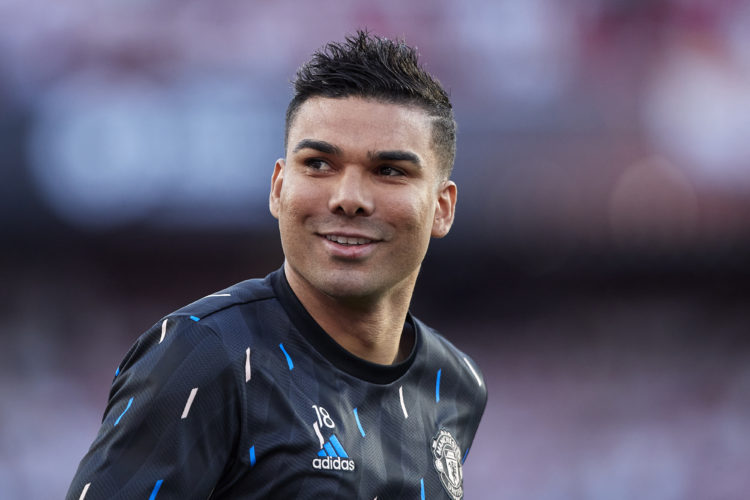 Casemiro of Manchester United looks on warms up prior the UEFA Europa League quarterfinal second leg match between Sevilla FC and Manchester United...