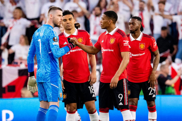 David De Gea and Anthony Martial of Manchester United interact prior to the UEFA Europa League quarterfinal second leg match between Sevilla FC and...