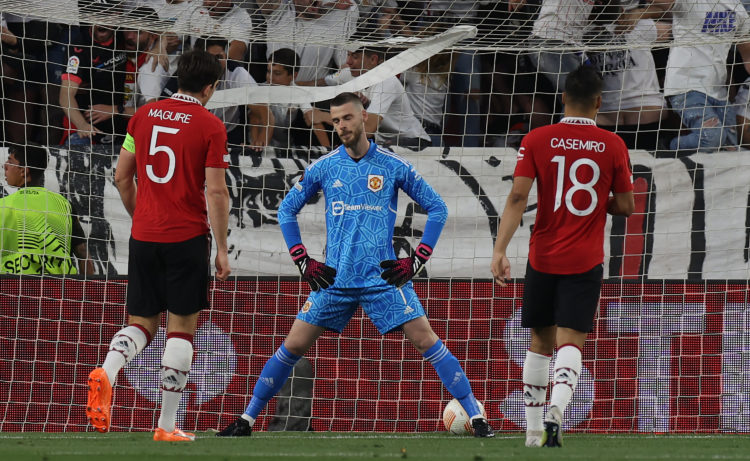 David de Gea of Manchester United reacts to conceding a goal to Youssef En-Nesyri of Sevilla FC during the UEFA Europa League quarterfinal second l...