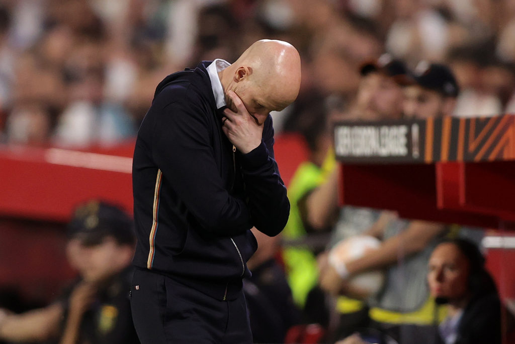 Erik ten Hag, Manager of Manchester United, looks dejected during the UEFA Europa League Quarterfinal Second Leg match between Sevilla FC and Manch...