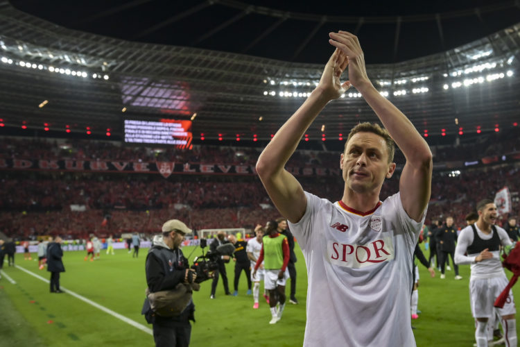 AS Roma player Nemanja Matic celebrates the victory after the UEFA Europa League semi-final second leg match between Bayer 04 Leverkusen and AS Rom...