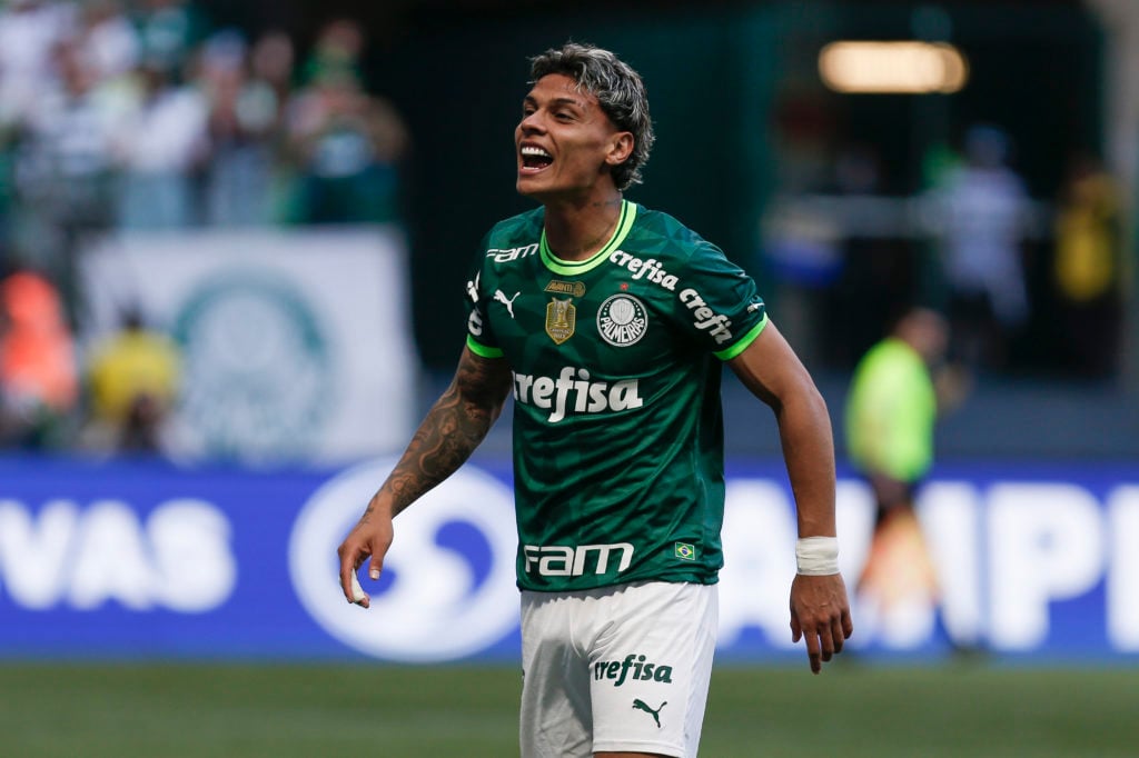 Richard Rios of Palmeiras celebrate after scoring the team's first goal during the match between Palmeiras and Fortaleza as part of Brasileirao Ser...