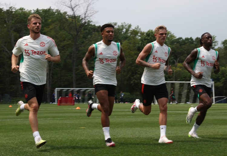 (EXCLUSIVE COVERAGE) Mason Mount, Jadon Sancho, Brandon Williams, Aaron Wan-Bissaka of Manchester United in action during a pre-season training ses...