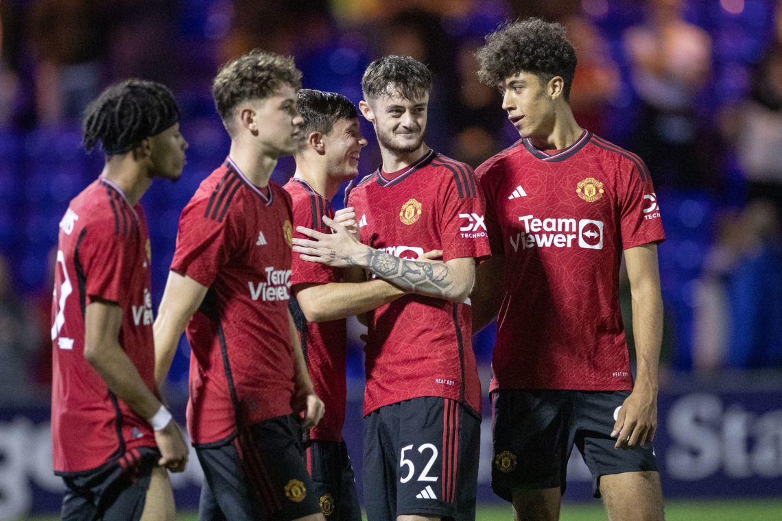 Joe Hugill #52 of Manchester United celebrate the win on penalties 3-5 during the EFL Trophy match between Stockport County and Manchester United U...