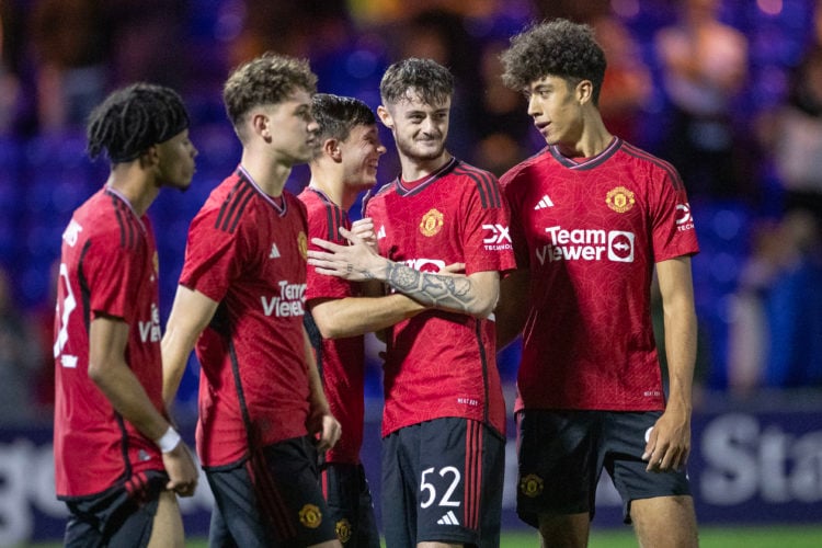 Joe Hugill #52 of Manchester United celebrate the win on penalties 3-5 during the EFL Trophy match between Stockport County and Manchester United U...