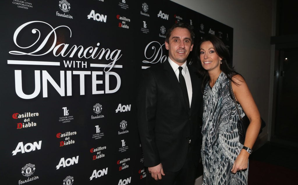 Former Manchester United players Gary Neville arrives with his wife at Dancing for United, a ballroom dancing event in aid of the Manchester United...