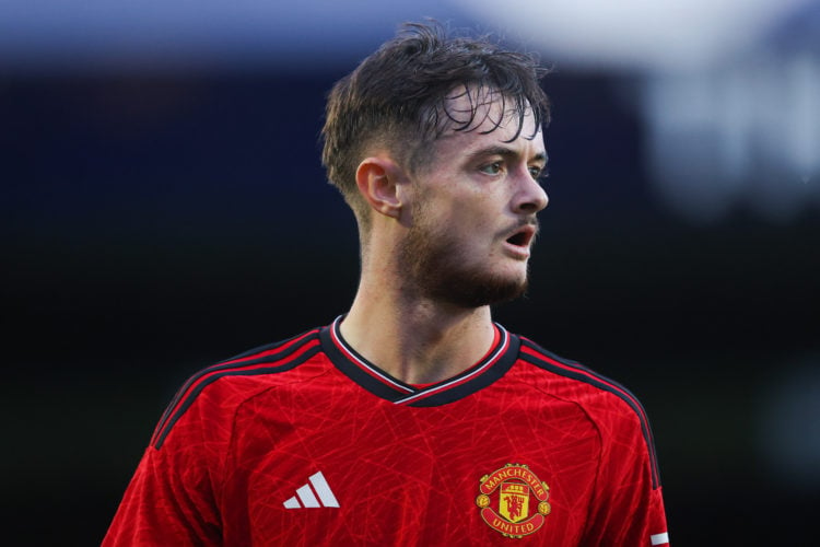 Joe Hugill of Manchester United during the EFL Papa John's Trophy group stage match between Stockport County and Manchester United U21 at Edgeley P...