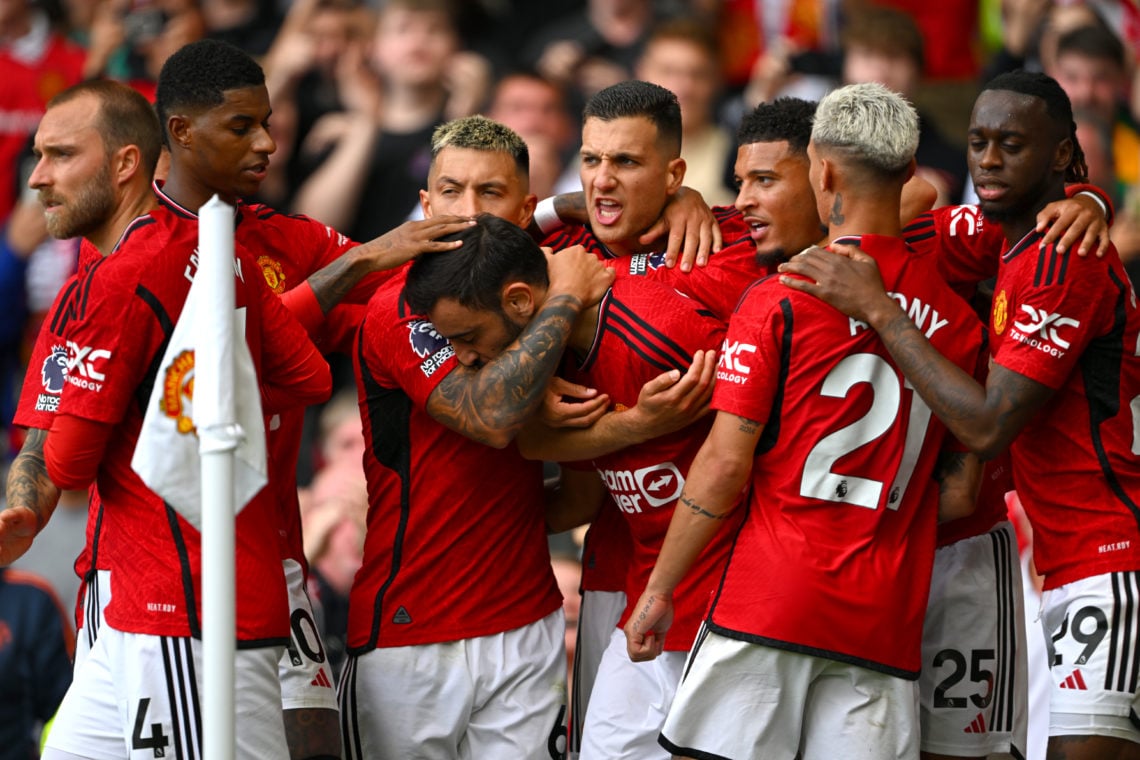 Manchester United player Bruno Fernandes celebrates with team mates after scoring the third United goal during the Premier League match between Man...