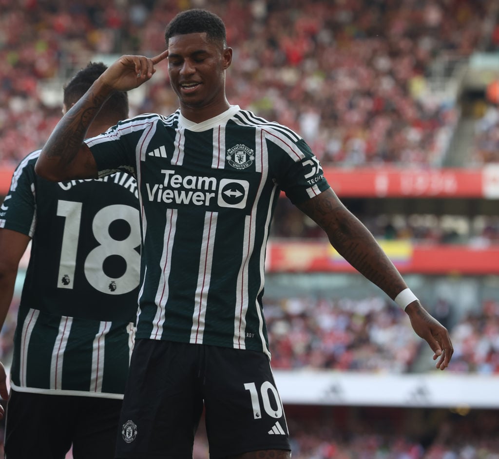 Marcus Rashford of Manchester United celebrates scoring their first goal during the Premier League match between Arsenal FC and Manchester United a...