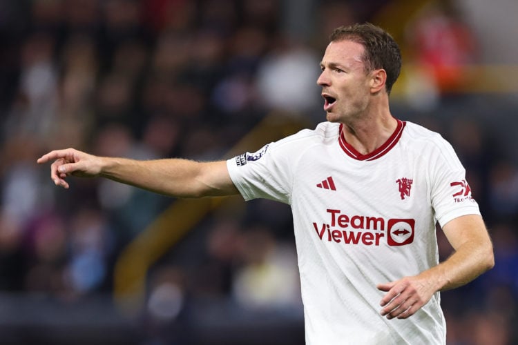 Jonny Evans of Manchester United during the Premier League match between Burnley FC and Manchester United at Turf Moor on September 23, 2023 in Bur...