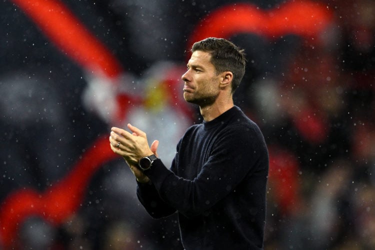 Xabi Alonso, Head Coach of Bayer Leverkusen, applauds the fans following the team's victory during UEFA Europa League 2023/24 group stage match bet...