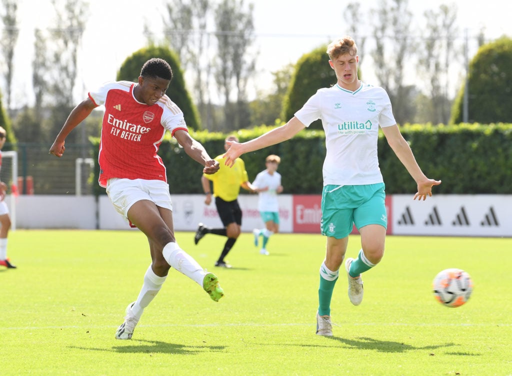 Chido Obi-Martin scores Arsenal's 3rd goal during the U18 Premier League match between Arsenal U18 and Southampton U18 at London Colney on Septembe...