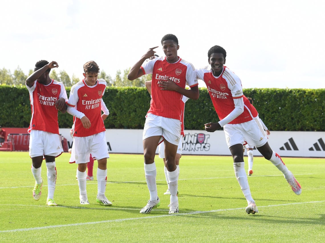 Chido Obi-Martin celebrates scoring Arsenal's 3rd goal with Ayden Heaven during the U18 Premier League match between Arsenal U18 and Southampton U1...