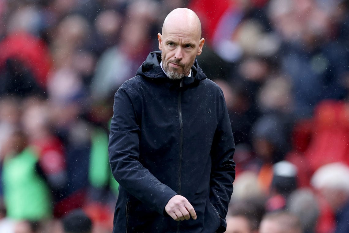 Erik ten Hag, Manager of Manchester United, looks dejected at half-time during the Premier League match between Manchester United and Crystal Palac...