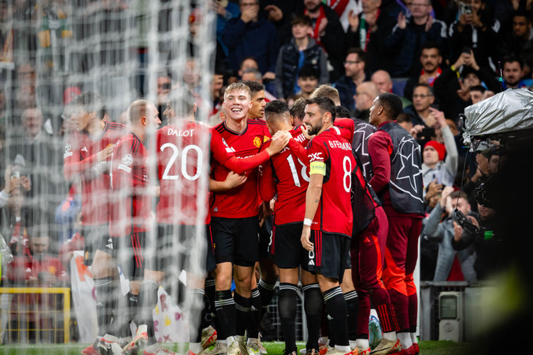 Rasmus Hojlund of Manchester United celebrates scoring their second goal during the UEFA Champions League match between Manchester United and Galat...