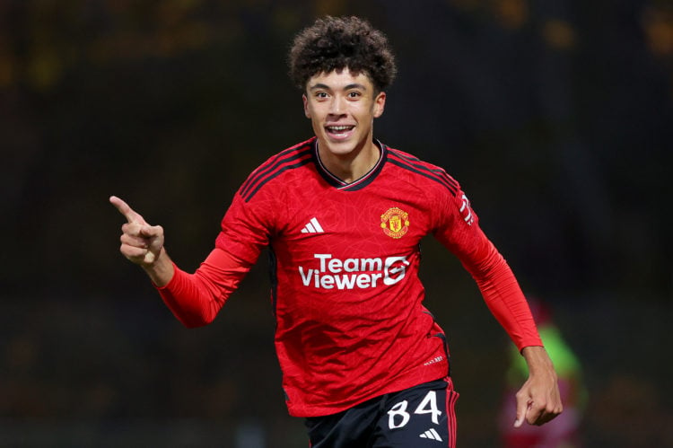 Ethan Wheatley of Manchester United celebrates after scoring their sides second goal during the UEFA Youth League 2023/24 match between F.C Copenha...