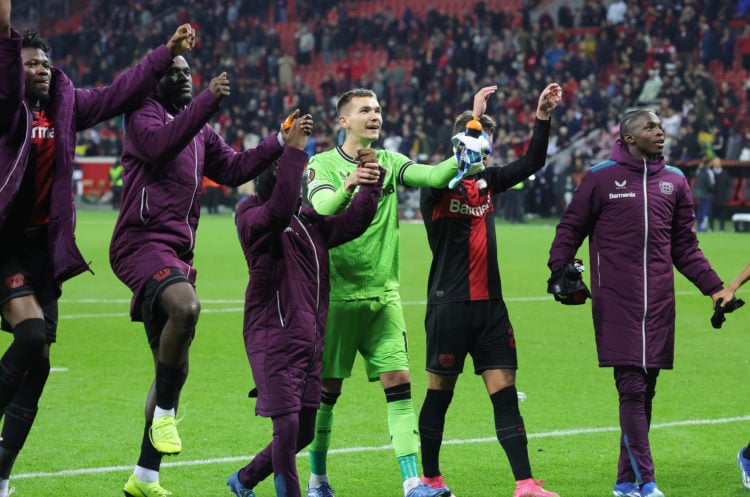 (M) Matej Kovar  goalkeeper of Bayer Leverkusen celebrates after the UEFA Europa League 2023/24 match between Bayer 04 Leverkusen and Qarabag FK at...