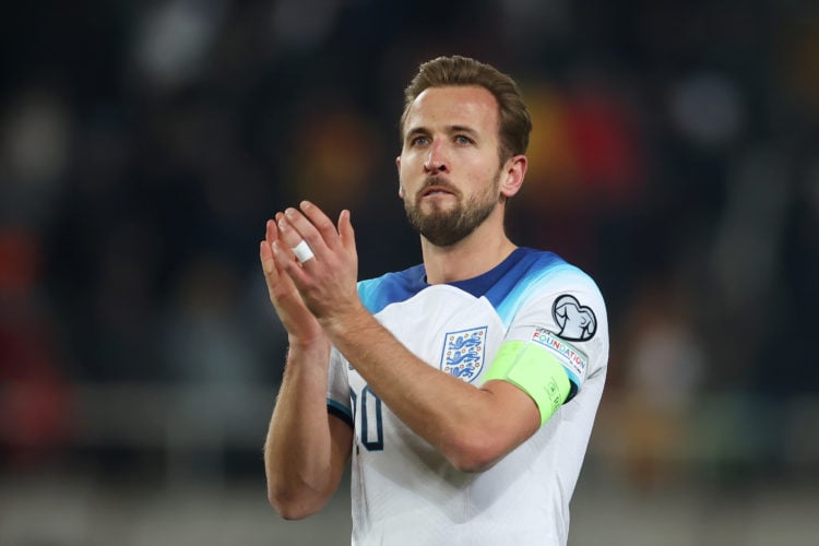 Harry Kane of England applauds the fans after the draw in the UEFA EURO 2024 European qualifier match between North Macedonia and England at Nation...