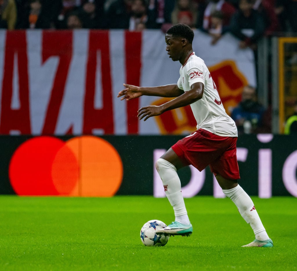 Kobbie Mainoo of Manchester United in action during the UEFA Champions League match between Galatasaray A.S. and Manchester United at Ali Sami Yen ...