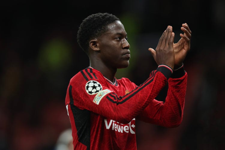 Kobbie Mainoo of Manchester United during the UEFA Champions League match between Manchester United and FC Bayern Munchen at Old Trafford on Decemb...