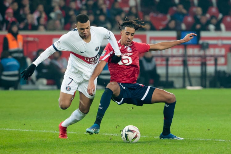 Kylian Mbappe of PSG, Leny Yoro of Lille during the Ligue 1 Uber Eats match between Lille OSC (LOSC) and Paris Saint-Germain (PSG) at Stade Pierre-...