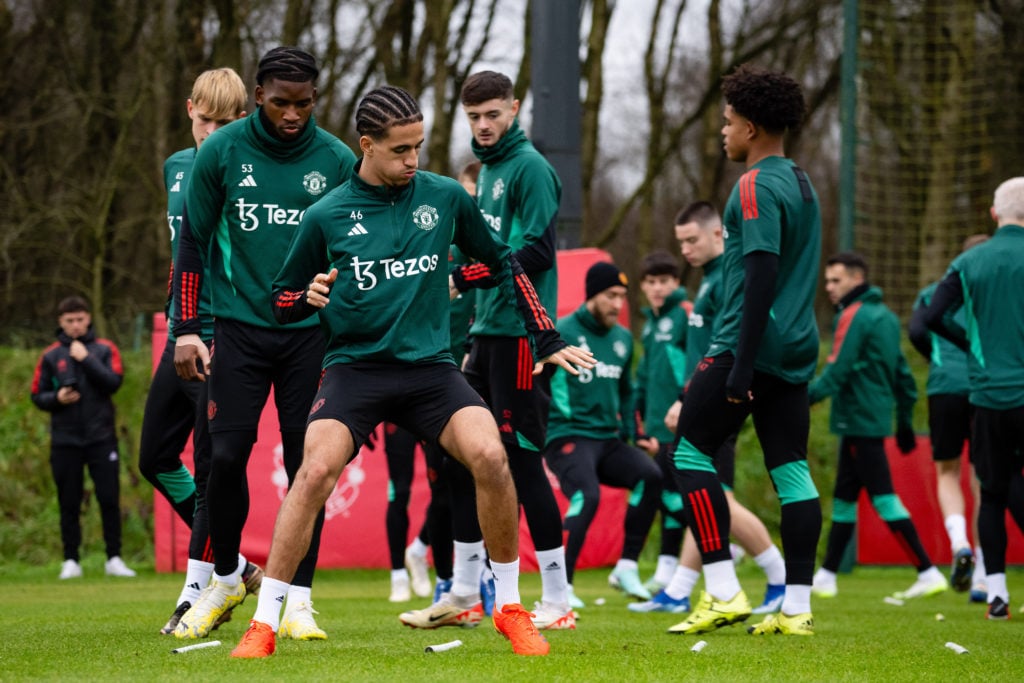 Toby Collyer, Willy Kambwala, Hannibal Mejbri, Joe Hugill and Shola Shoretire of Manchester United in action during a first team training session a...