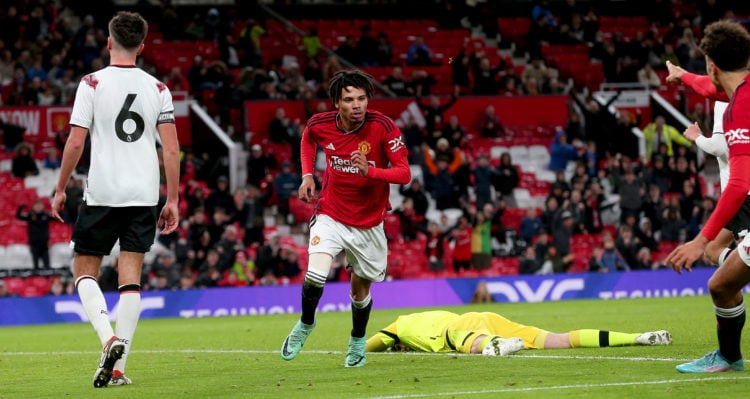 Ethan Williams of Manchester United U18s celebrates scoring their first goal during the FA Youth Cup Third Round match between Manchester United U1...