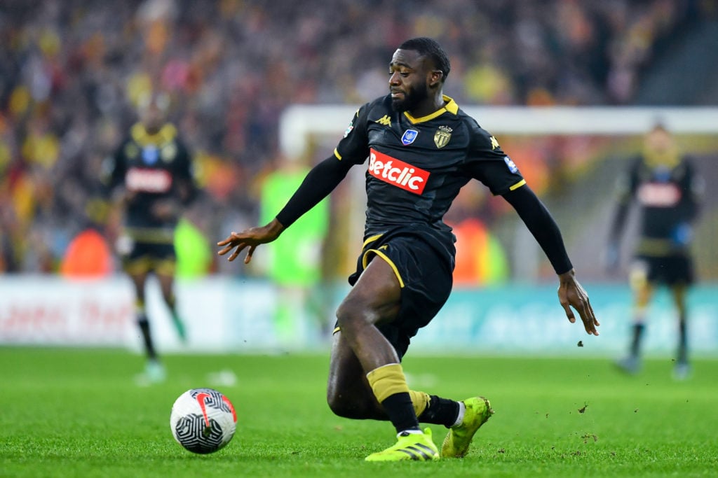 Youssouf Fofana of Monaco controls the ball during the French Cup match between RC Lens and AS Monaco at Stade Bollaert-Delelis on January 07, 2024...