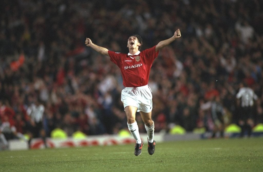 Gary Neville of Manchester United celebrates a goal during the Champions League match against Juventus at Old Trafford in Manchester, England. Manc...