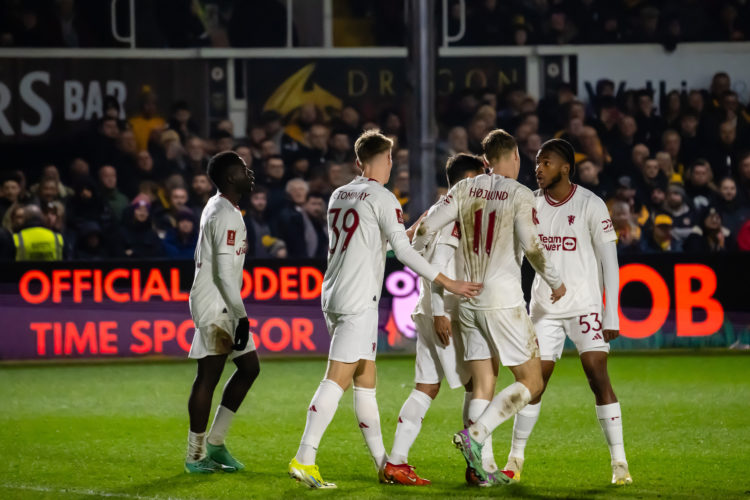 Rasmus Hojlund of Manchester United celebrates scoring their fourth goal during the Emirates FA Cup Fourth Round match between Newport County and M...